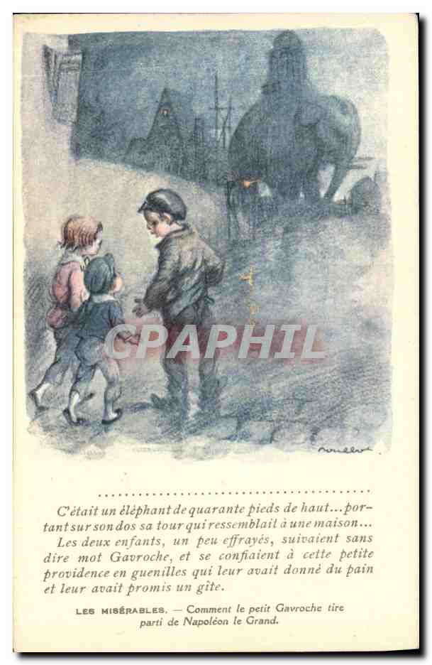 CPA Fantaisie Illustrateur Poulbot Victor Hugo Les Miserables Gavroche Napoleon Elephant