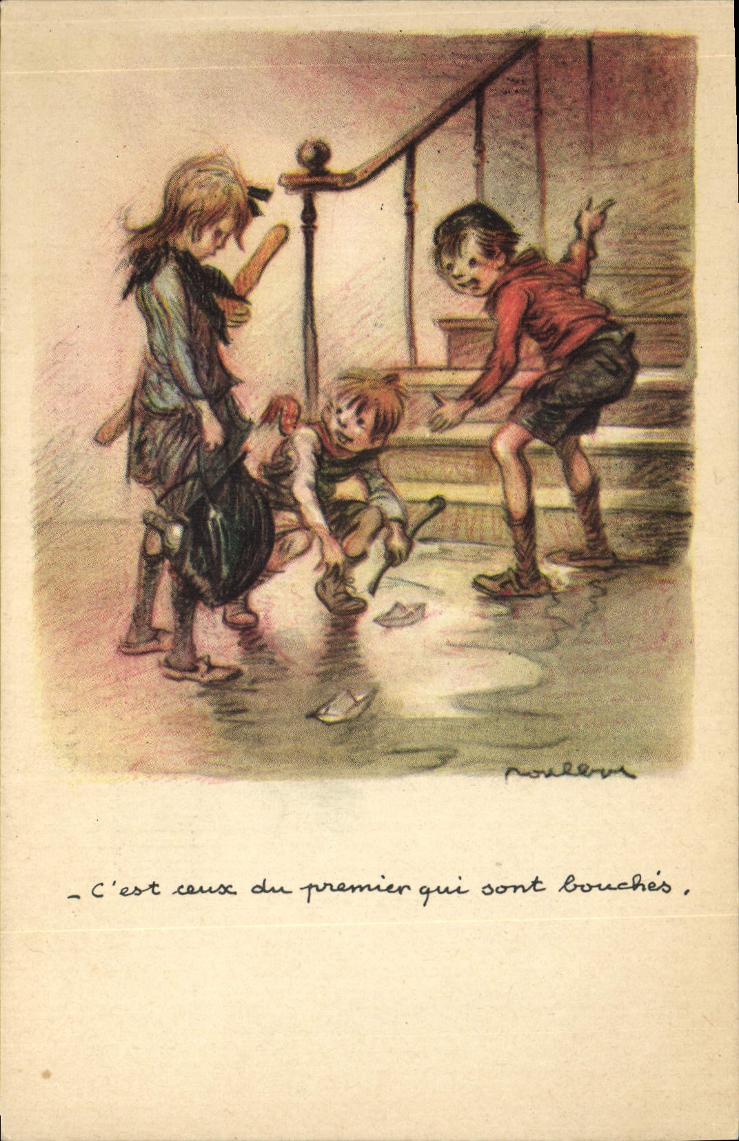 Enfants jouant dans un couloir — illustration de Poulbot — Ligue Nationale Contre le Taudis