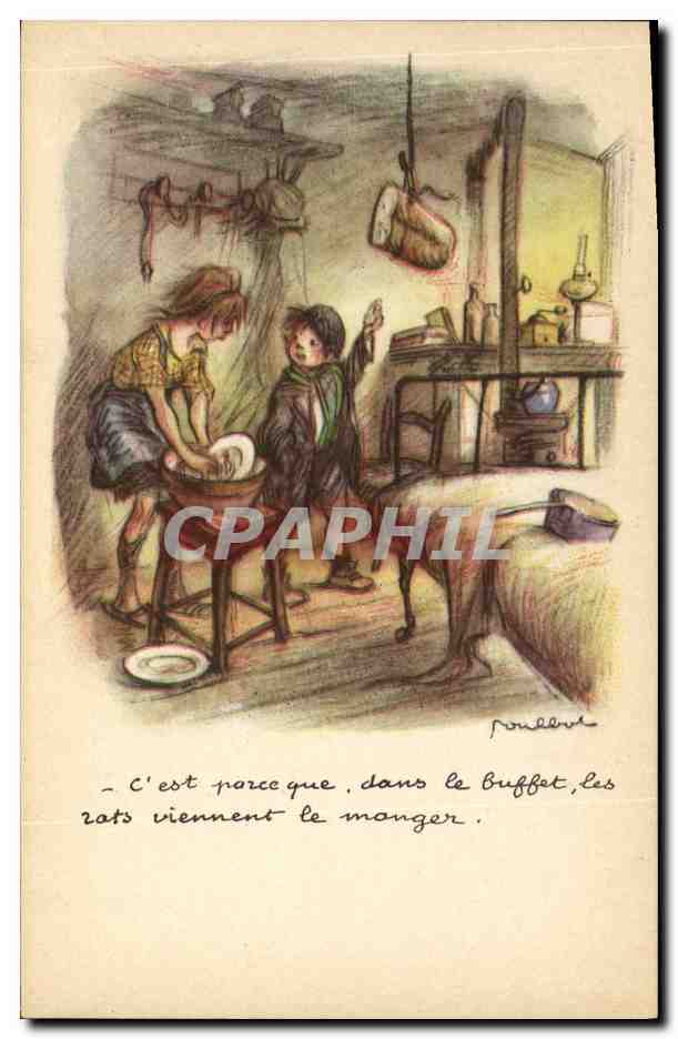Sujet humoristique — scène de cuisine avec enfants — dessin de Poulleu