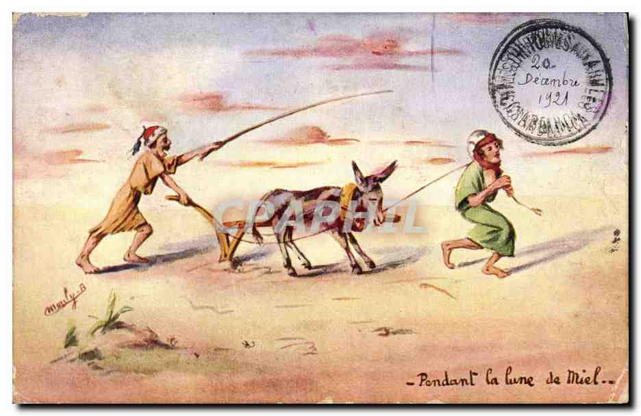CPA Fantaisie Illustrateur Afrique du Nord Pendant la lune de miel Ane Mule 