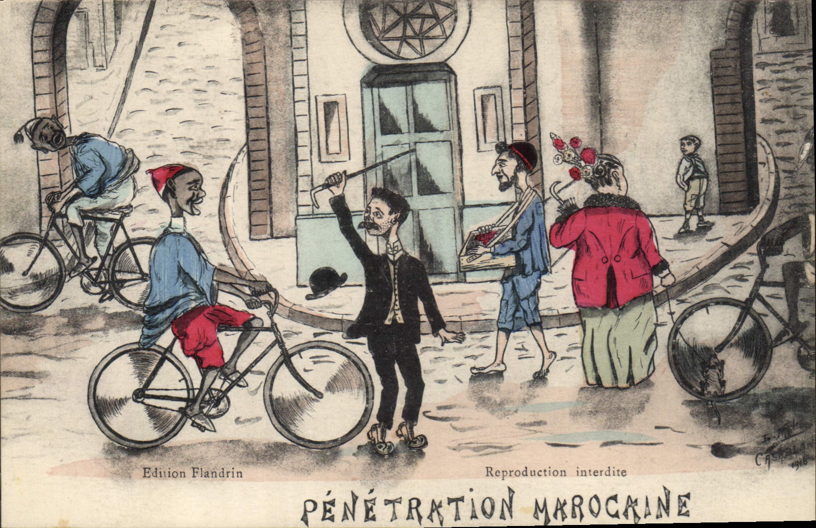 CPA Fantaisie Illustrateur Afrique du Nord Penetration marocaine Maroc Velo Cycle