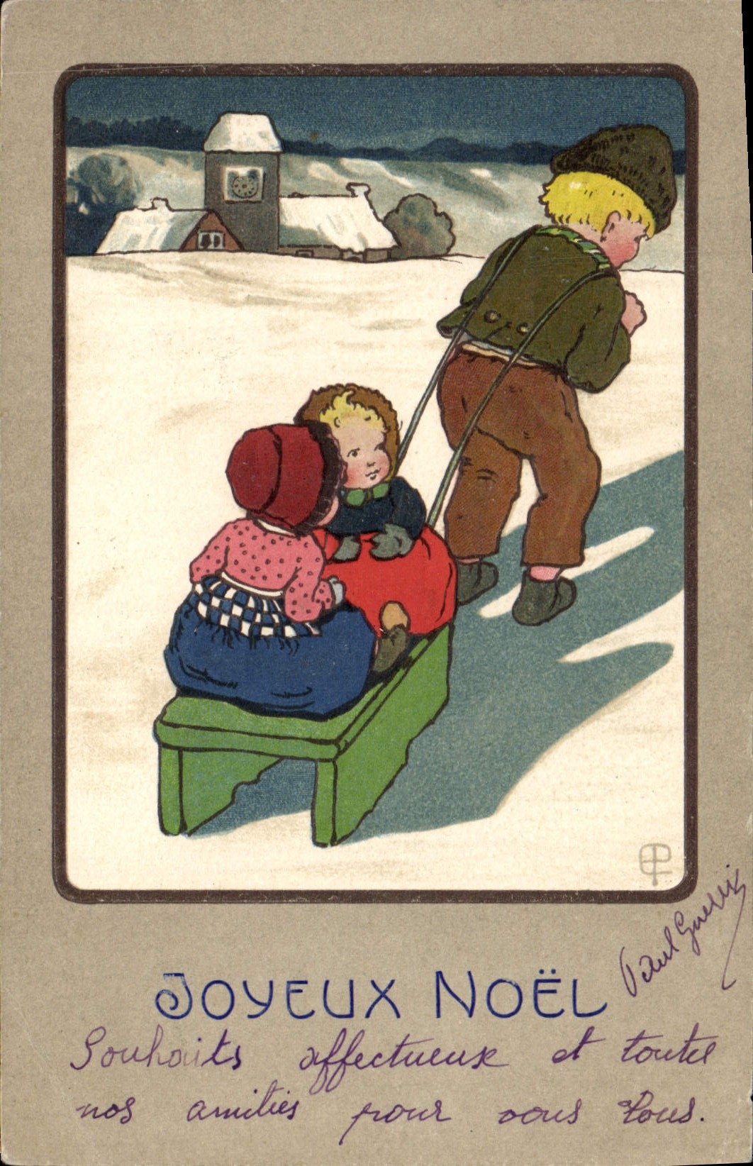 CPA Fantaisie Illustrateur Joyeux Noel Luge Enfants
