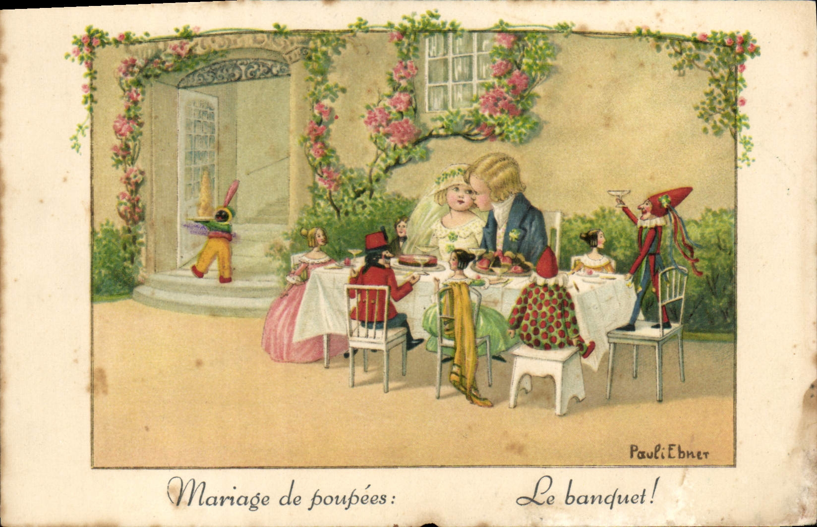 CPA Fantaisie Illustrateur Mariage de poupees Le banquet 