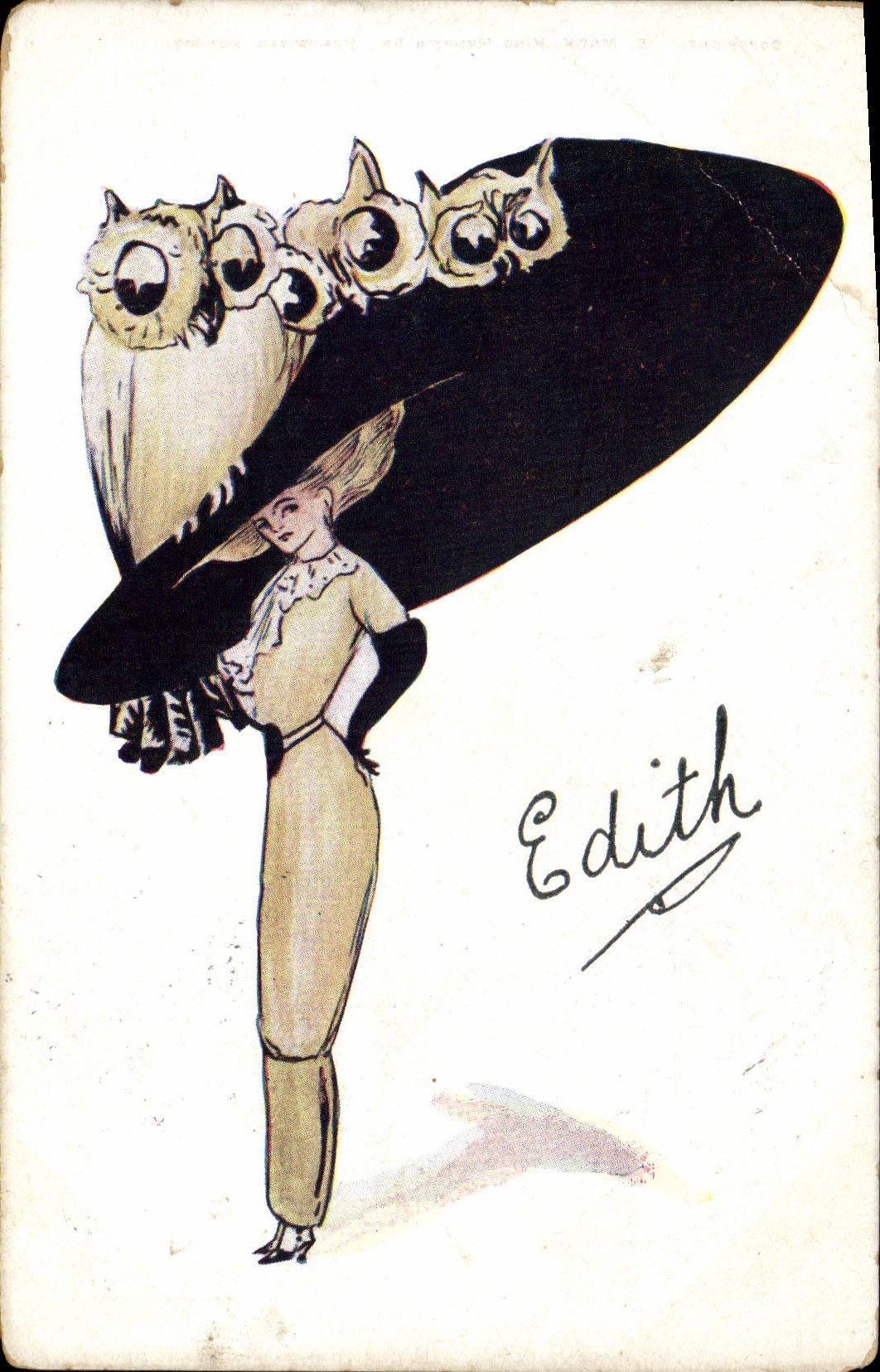 CPA Fantaisie Illustrateur Femme Chapeau Coiffe Chouette Hibou