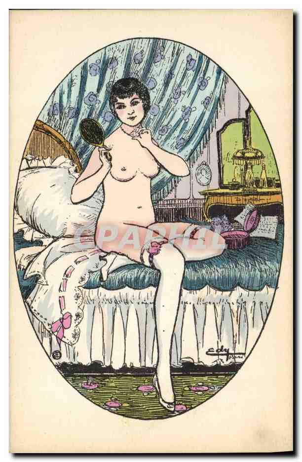 Jeune femme nue se regardant dans un miroir — illustration de Edy — J. Pigot, 9 Av de l'Opéra