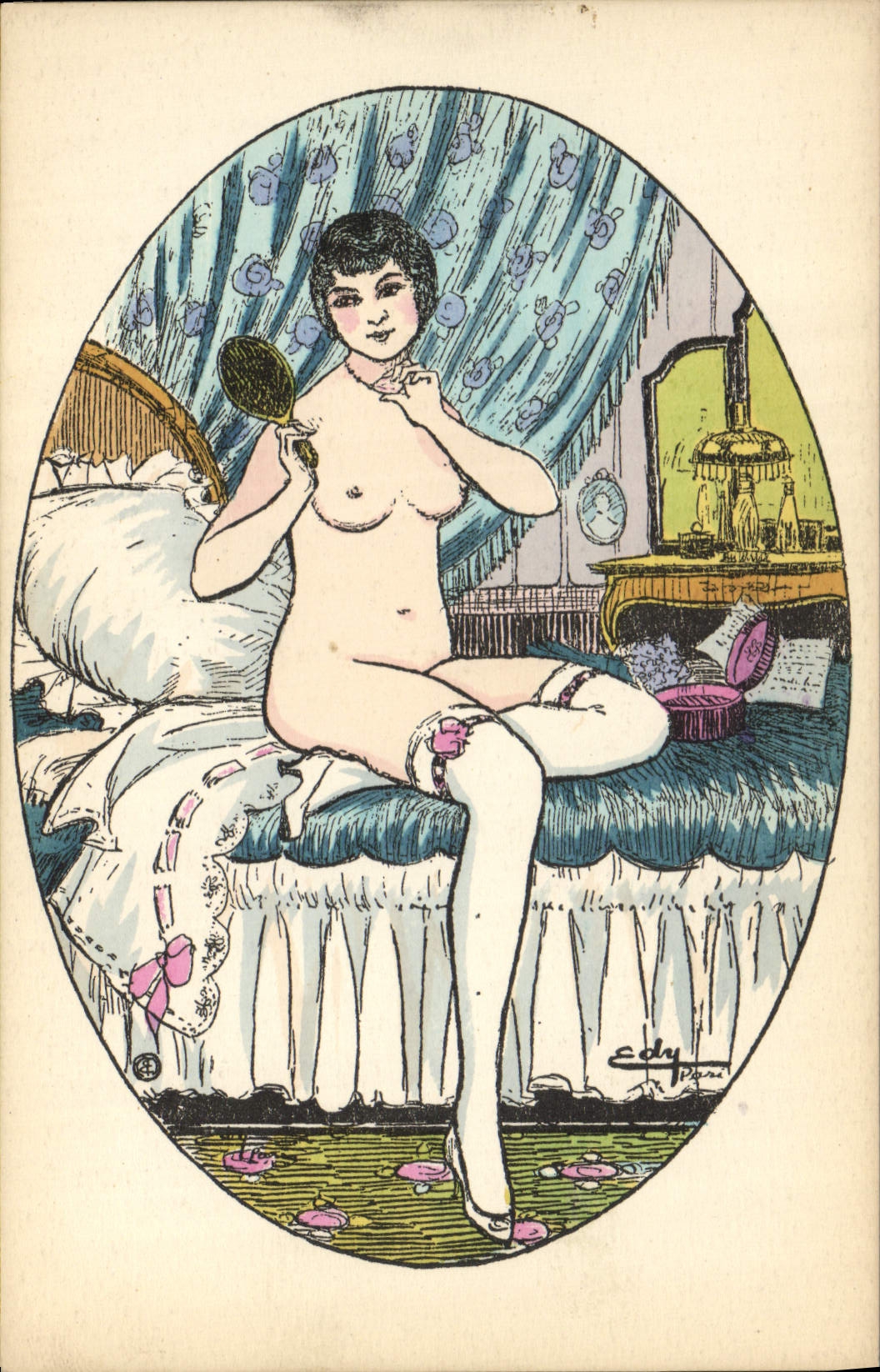 Nackte Frau, die auf einem Bett sitzt — intime Szene — signiertes Zeichnung 'Edy' — Ausgabe J. Pigot