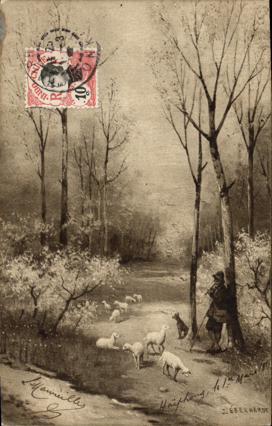 CPA Fantaisie Illustrateur Paysage Timbre Indochine Berger Moutons
