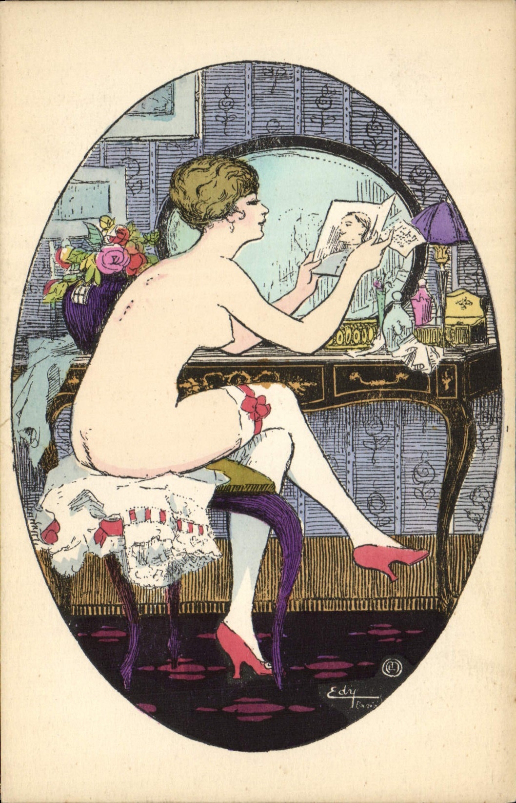 Femme nue assise devant un miroir — illustration de style Art Déco — Edy, Paris