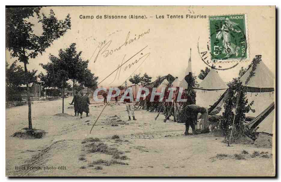 CPA Fantaisie Militaria Camp de Sissonne Les tentes fleuries 