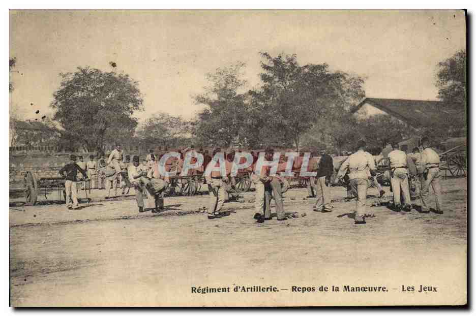 CPA Fantaisie Militaria Regiment d'artillerie Repos de la manoeuvre Les jeux 