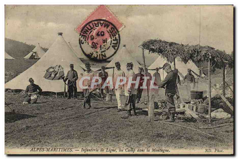CPA Fantaisie Militaria Alpes Maritimes Infanterie de ligne au camp dans la montagne