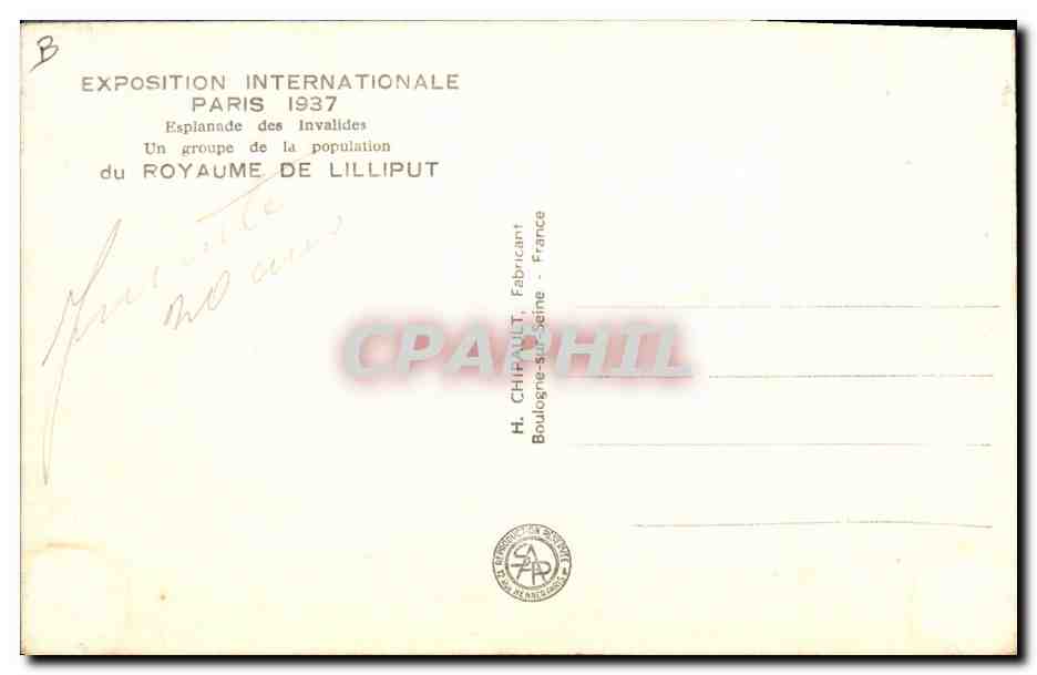CPA Nain Nains Exposition internationale Paris 1937 Royaume de Lilliput  — Rückseite