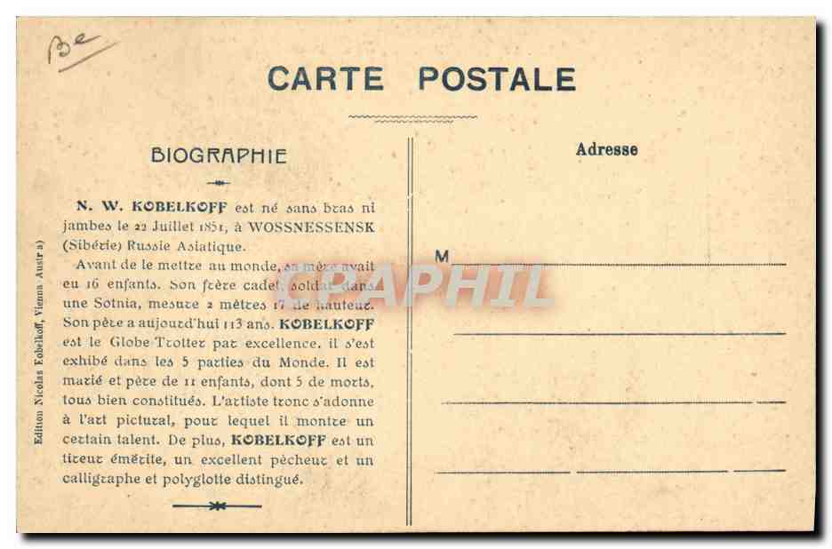 CPA NW Kobelkoff et sa famille ne sans bras ni jambes a Wossnessensk Russie Russia  — Verso