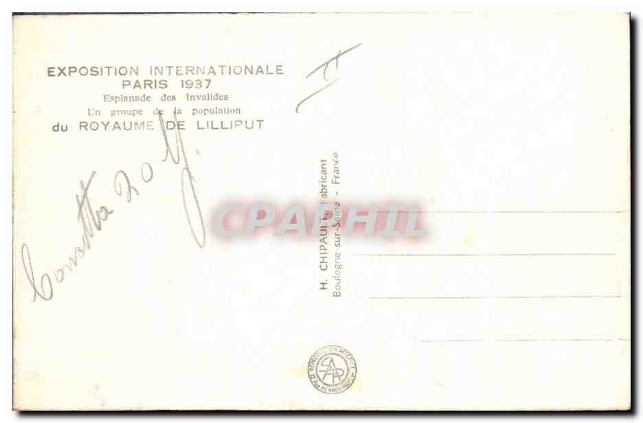 CPA Nain Nains Exposition internationale Paris 1937 Royaume de Lilliput  — Rückseite