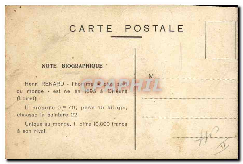 CPA Nain Nains Henri Renard l'homme le plus petit du monde Orleans Loiret  — Rückseite