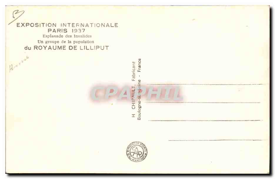 CPA Nain Nains Exposition internationale Paris 1937 Royaume de Lilliput  — Rückseite