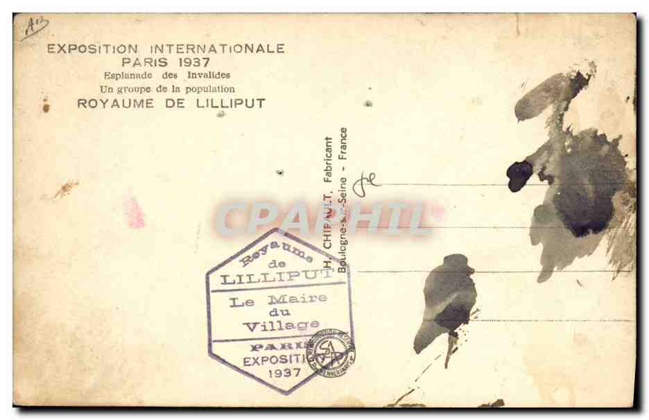 CPA Nain Nains Exposition internationale Paris 1937 Royaume de Lilliput  — Rückseite