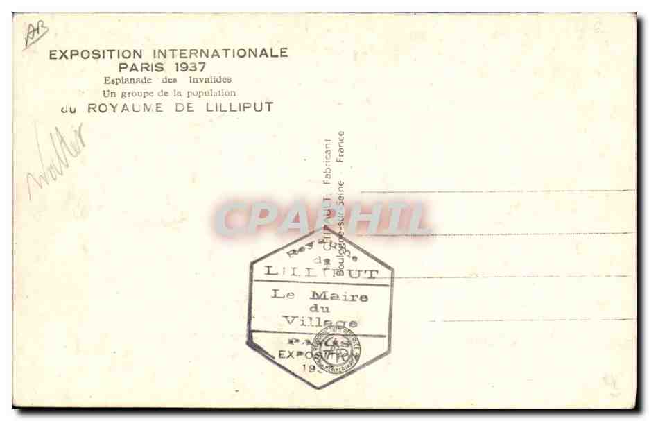 CPA Nain Nains Exposition internationale Paris 1937 Royaume de Lilliput  — Rückseite