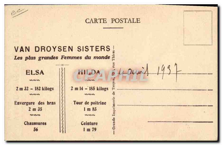 CPA Geant Van Droysen Sisters Les plus grandes femmes du monde — Rückseite