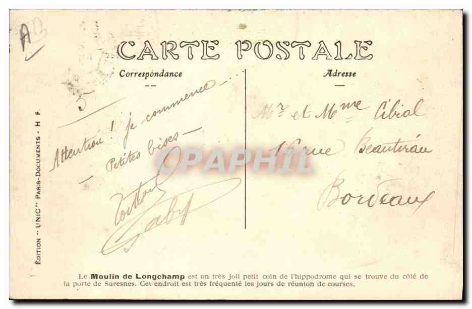 PARIS — Bois de Boulogne — Le Moulin de Longchamp — Édition 'UNIC' n°124 — Verso