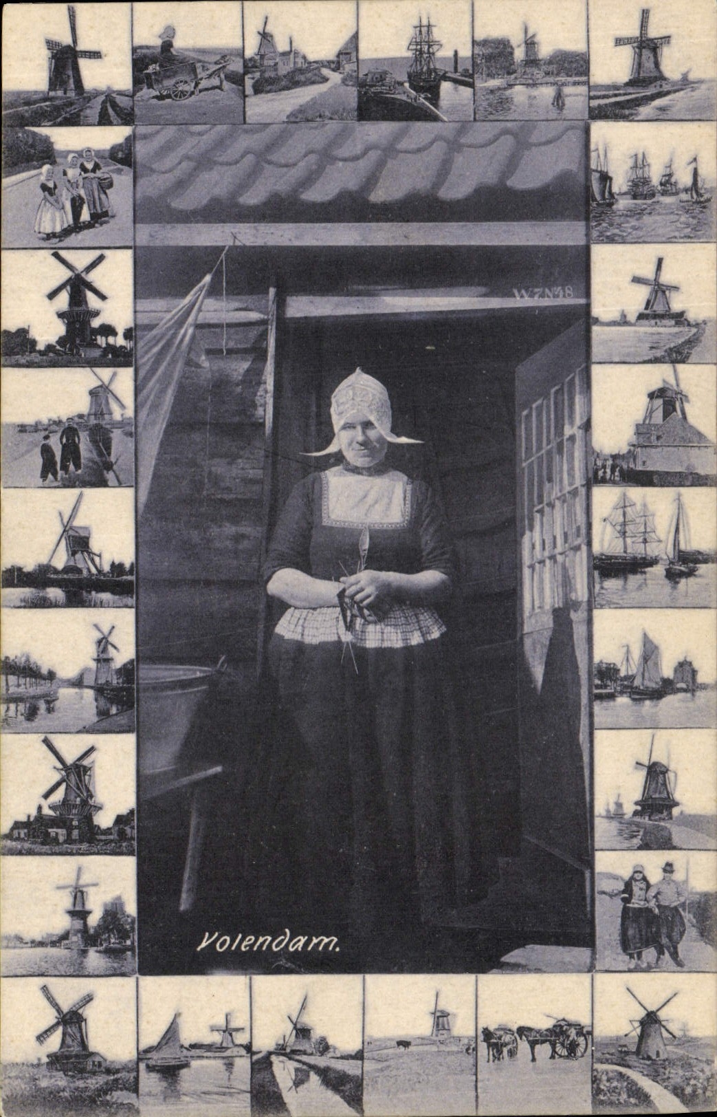 Volendam — Vue panoramique avec femme en costume traditionnel — Dr. Trenkler Co. Leipzig - Anverso