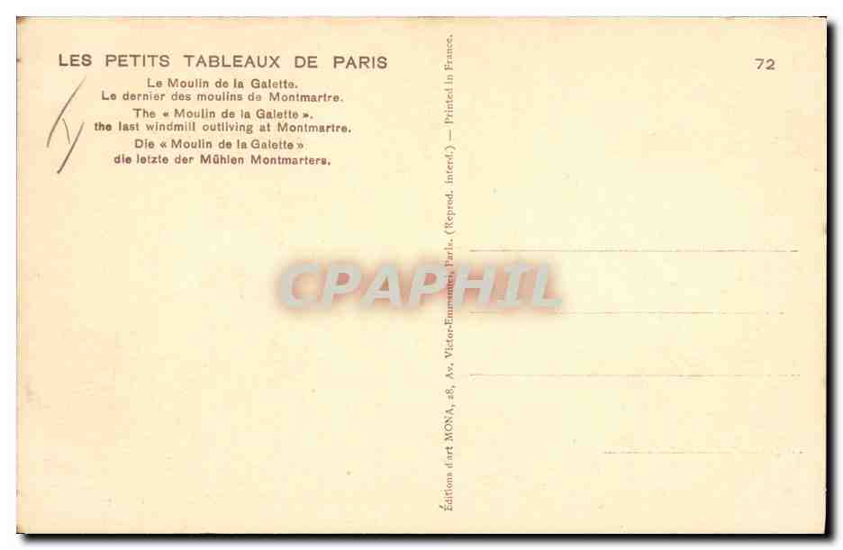 CPA Moulin a vent Paris Moulin de la Galette Montmartre  — Rückseite