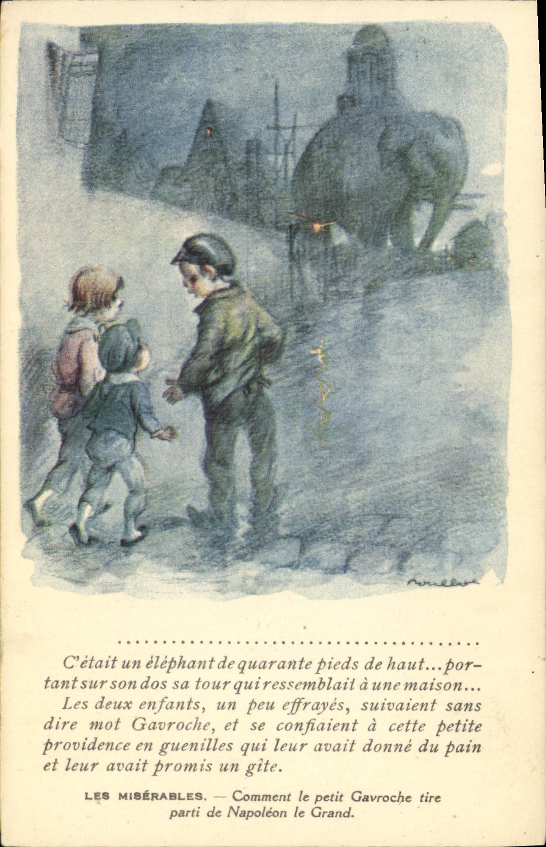 CPA Fantaisie Illustrateur Poulbot Victor Hugo Les miserables Gavroche Napoleon Elephant