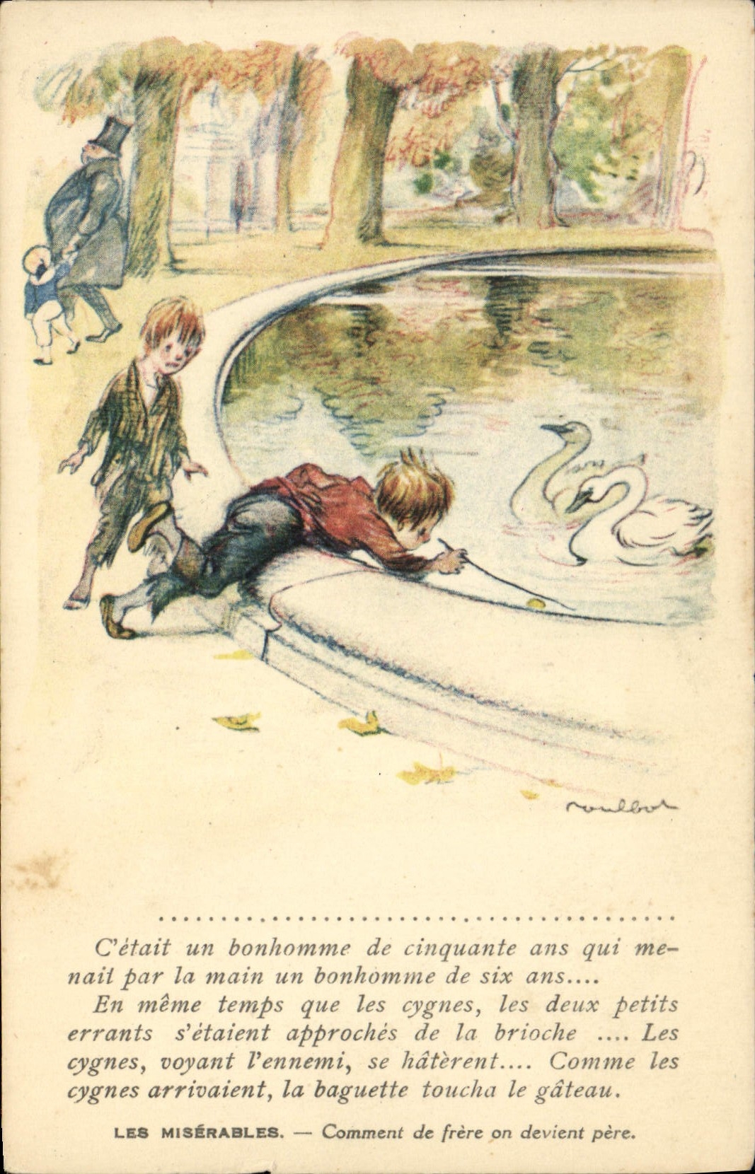 CPA Fantaisie Illustrateur Poulbot Victor Hugo Les miserables Cygne Swan