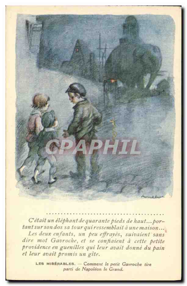 CPA Fantaisie Illustrateur Poulbot Victor Hugo Les miserables Gavroche Napoleon Elephant