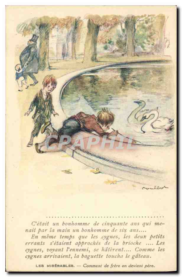 CPA Fantaisie Illustrateur Poulbot Victor Hugo Les miserables Cygne Swan
