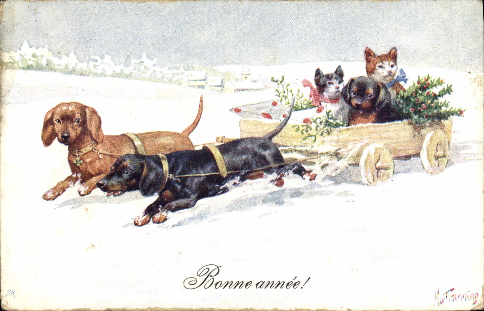 CPA Fantaisie Illustrateur Feiertug Chats Chiens 