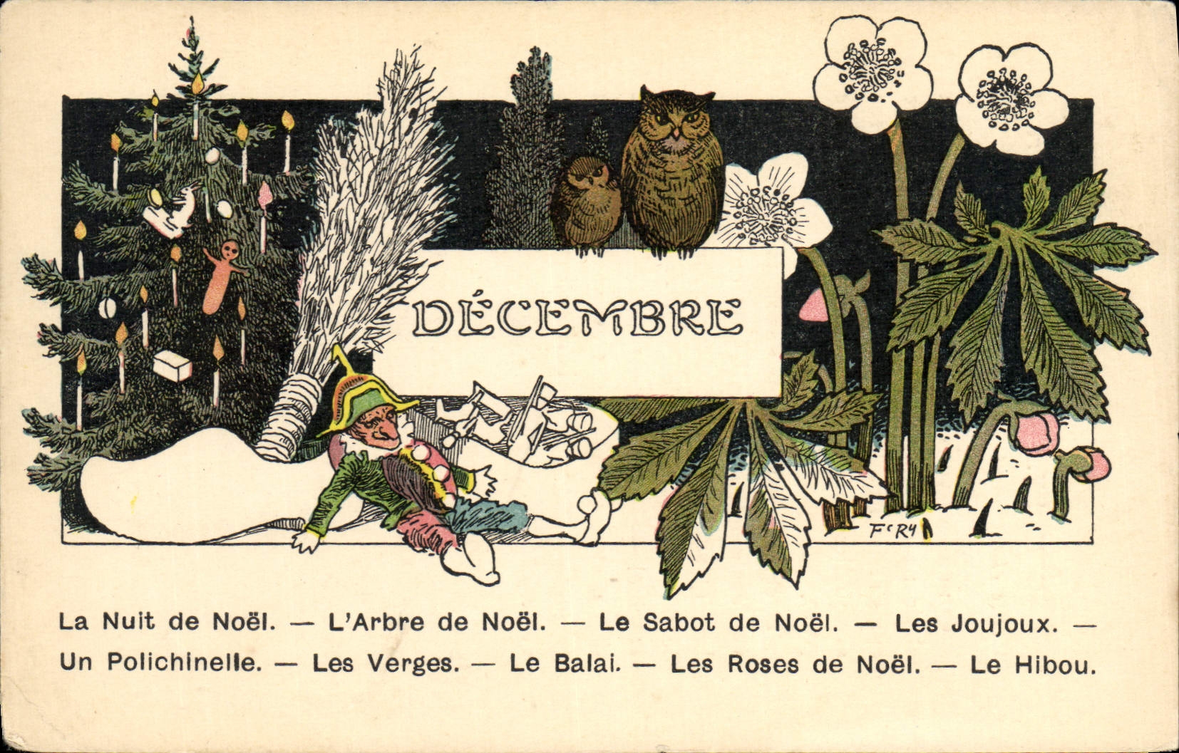 CPA Fantaisie Illustrateur Decembre Hibou Chouette Guignol