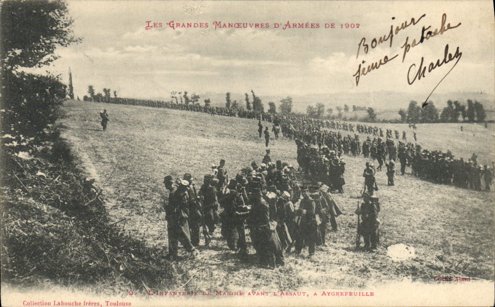 L'Infanterie de Marine avant l'assaut, à Aygrefeuille — Les Grandes Manœuvres d'Armées de 1902 — Collection Labouche frères, Toulouse