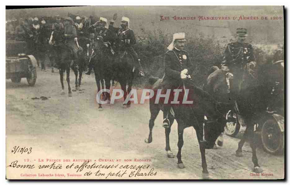 CPA Militaria Les grandes manoeuvres d'armees de 1902 Le prince des Asturies a cheval et son escorte 