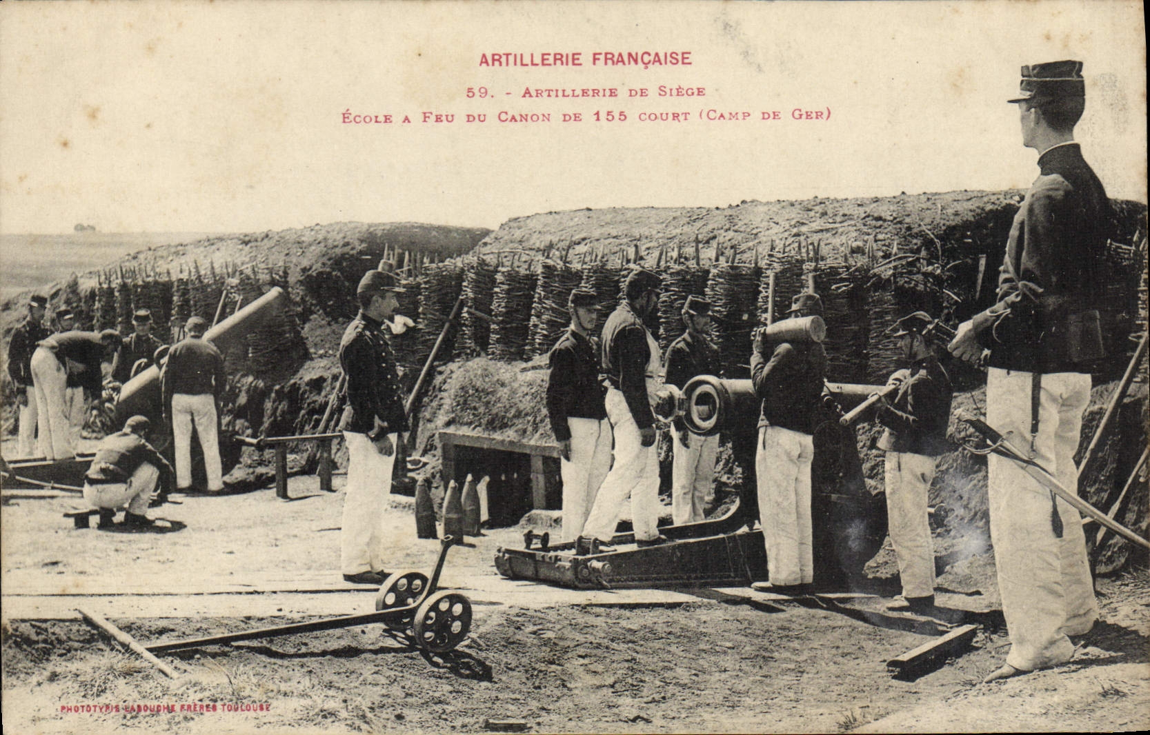 Artillerie française — École à feu du canon de 155 court (Camp de Ger) — Phototypie Garouche Frères Toulouse