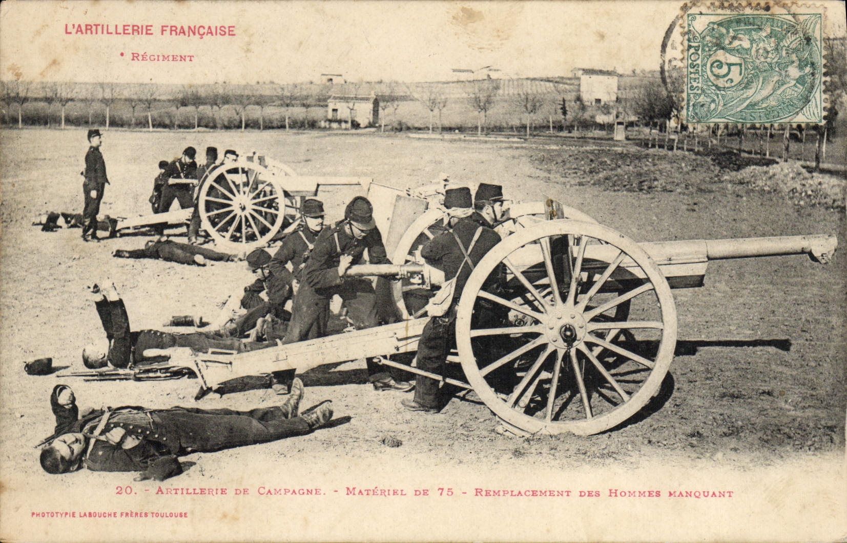 Artillerie française — Campagne — Matériel de 75 — Remplacement des hommes manquant — Phototypie Labouche Frères Toulouse