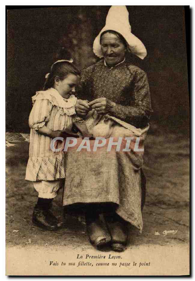 The First Lesson — An elderly woman teaches a little girl to knit — Publisher: Le Gouboy