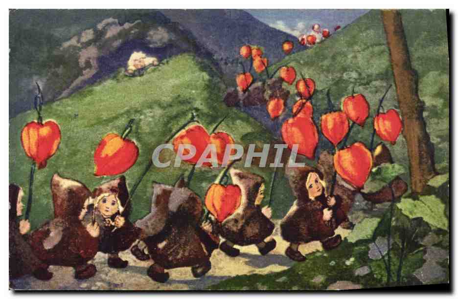 Enfants avec des fleurs rouges — illustration — CPAPHIL
