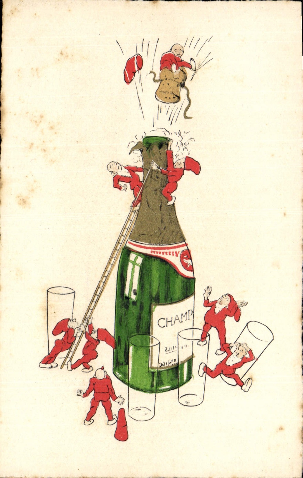 Champagne Henriessy — scène de lutte de lutins sur une bouteille — éditeur : Luring