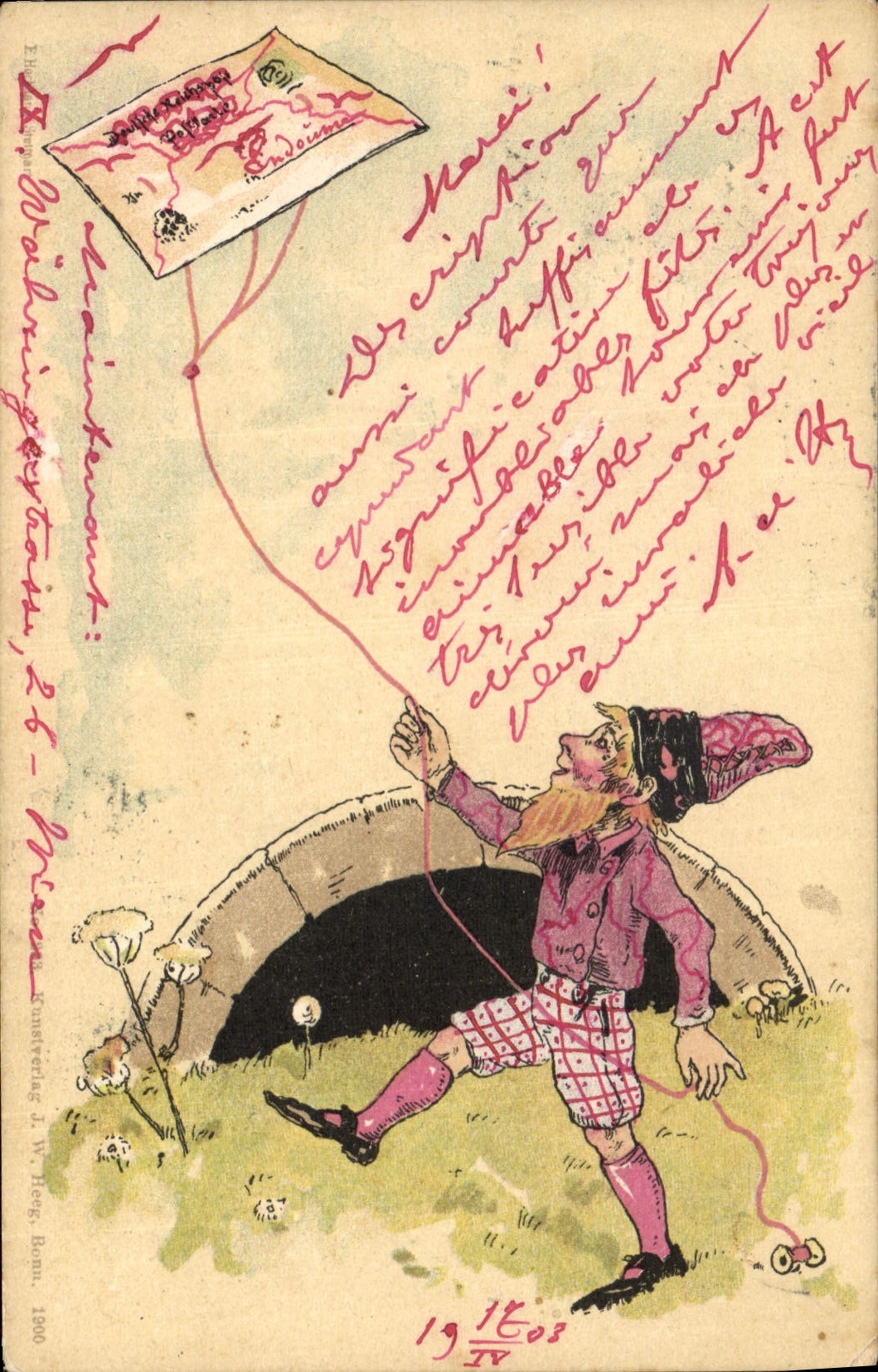 Gnome jouant avec un cerf-volant — illustration colorée — Kunstverlag J. W. Heer, Bonn, n° 191608