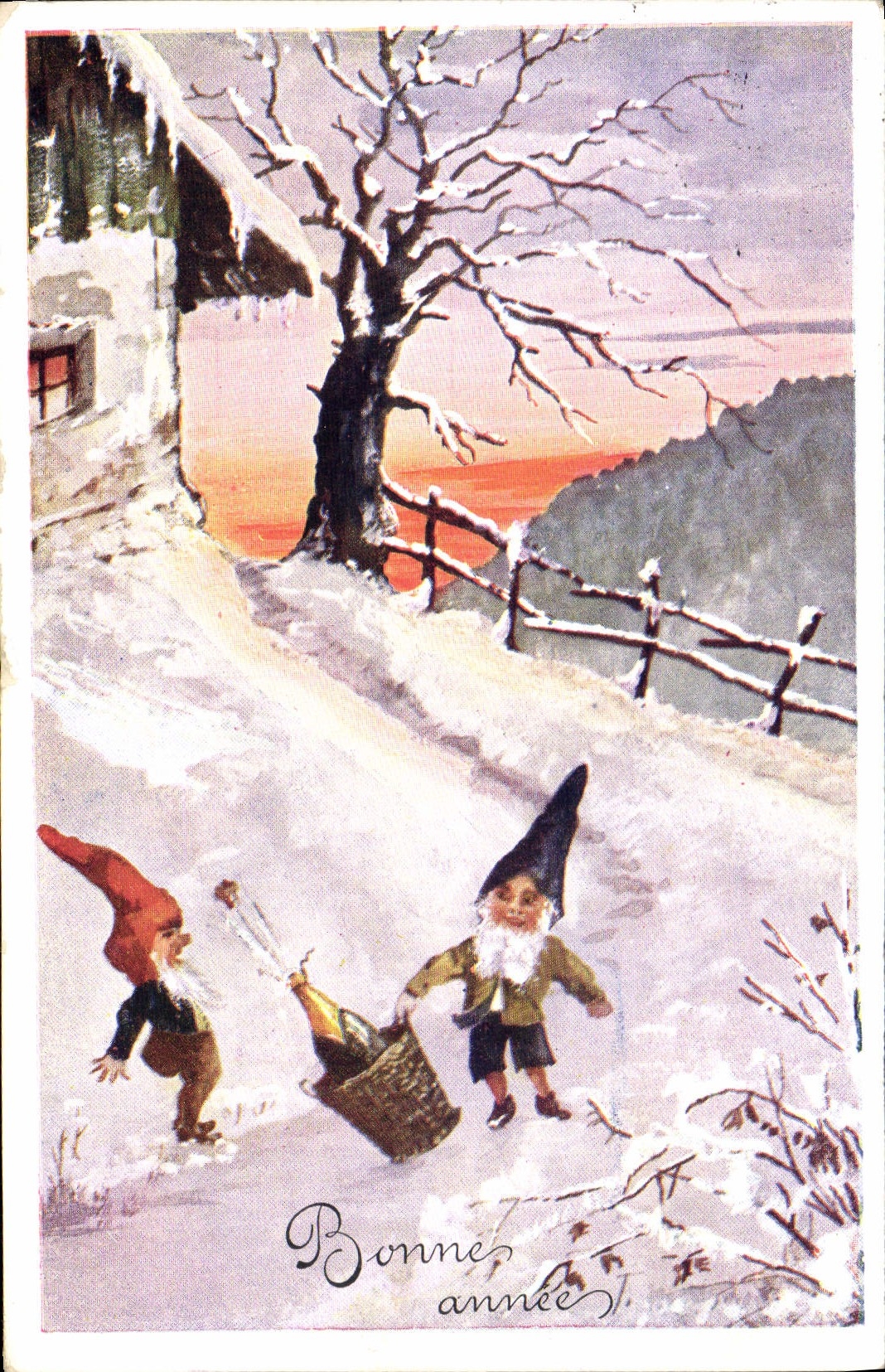 Deux gnomes dans un paysage hivernal — Bonne année — éditeur B. K. W. I. n° 2785-8