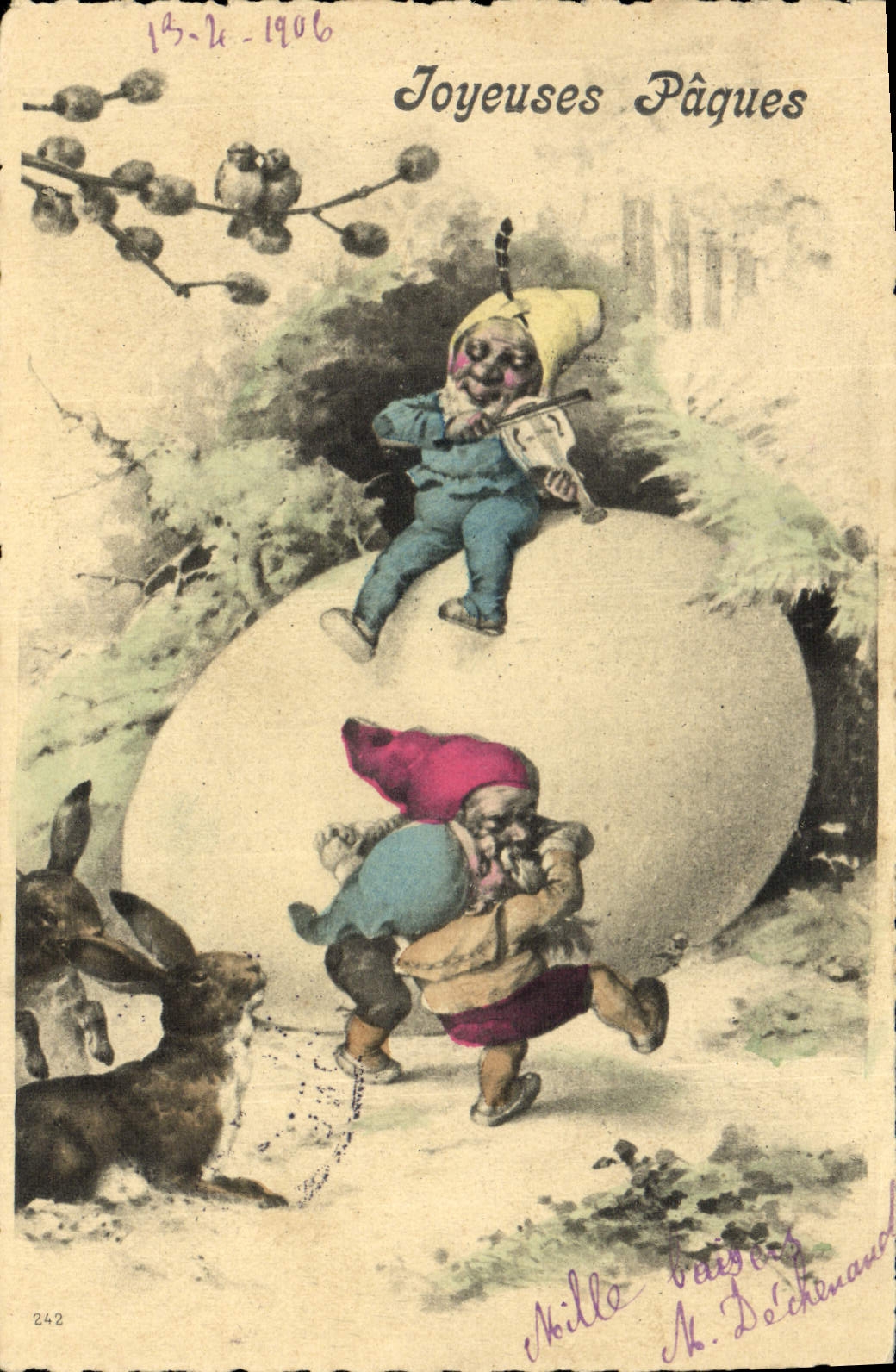 Gnomes jouant de la flûte sur un grand œuf — A. Deckerand, n°242 — datée 13-2-1906