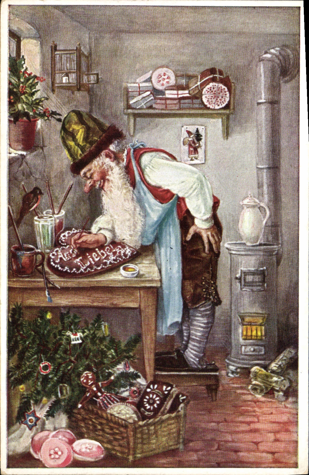 Père Noël décorant un gâteau — scène de Noël — éditeur "Noritas" Papierwarenfabrik Oscar Heiermann, Berlin SW 68