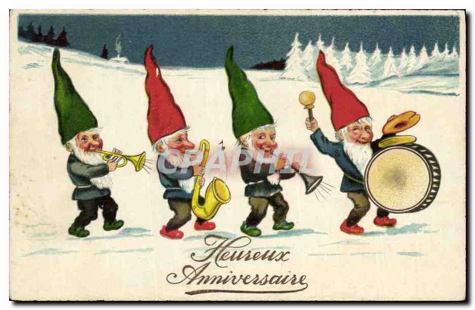 Gnomes musiciens enneigés — Heureux Anniversaire — éditeur non visible