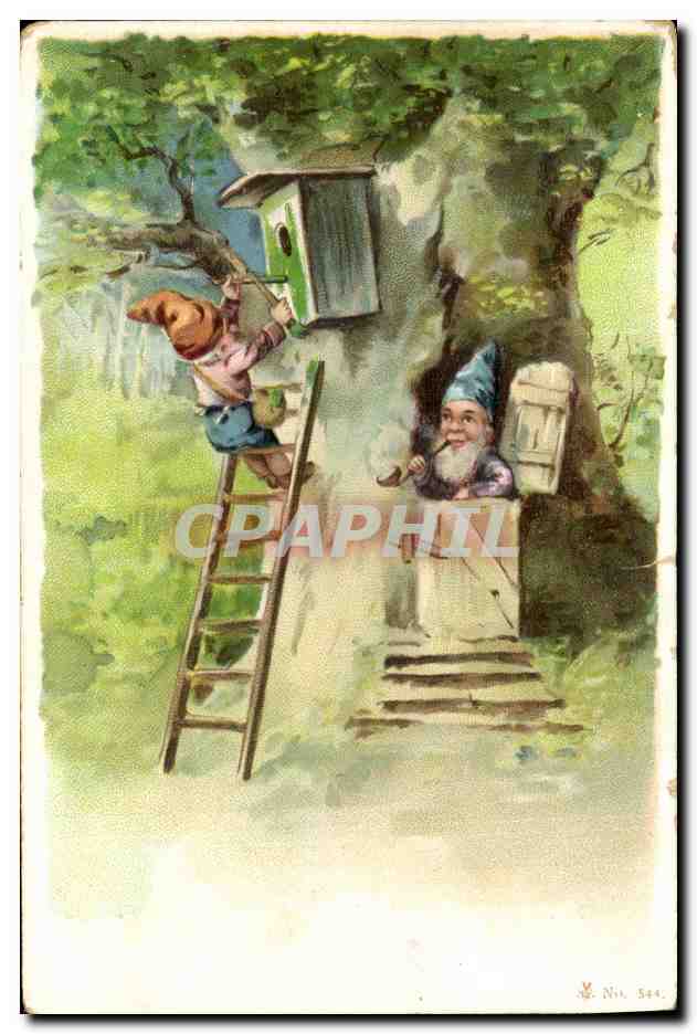Deux nains dans un jardin — un monte une échelle pour installer une niche à oiseaux, l'autre fume une pipe — éditeur Nr. 544