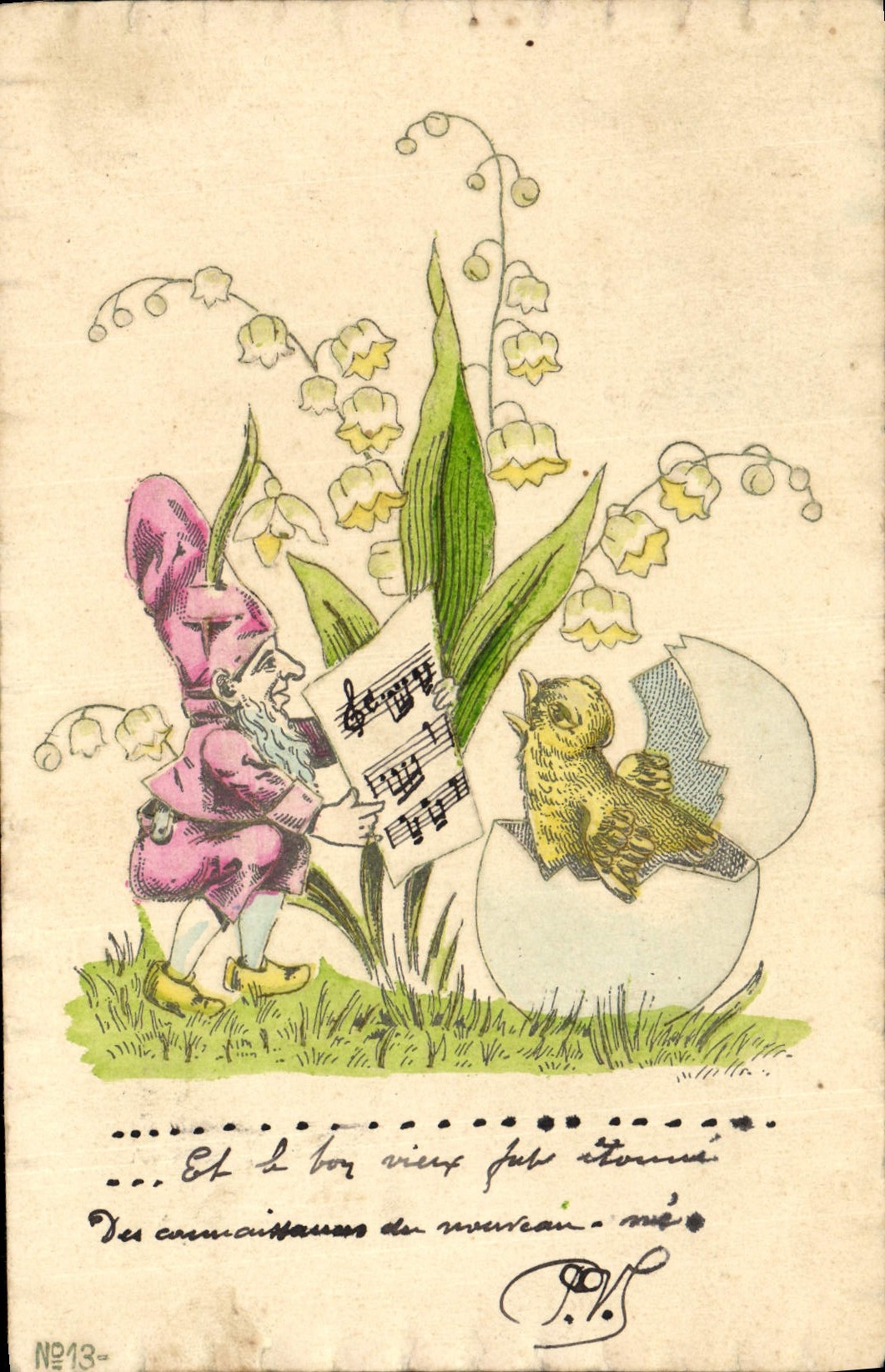 Gnome et oiseau sortant d'un œuf — lily of the valley — P.H. n°13