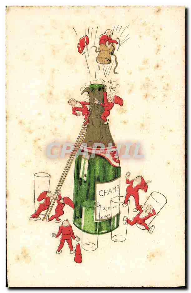 Champagne — petits personnages rouges en action — éditeur inconnu, n° de série non visible
