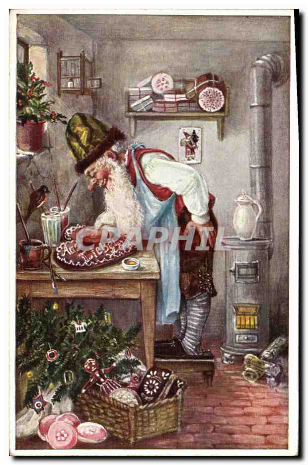 Père Noël dans son atelier — décor de Noël — éditeur Novitus, Berlin SW