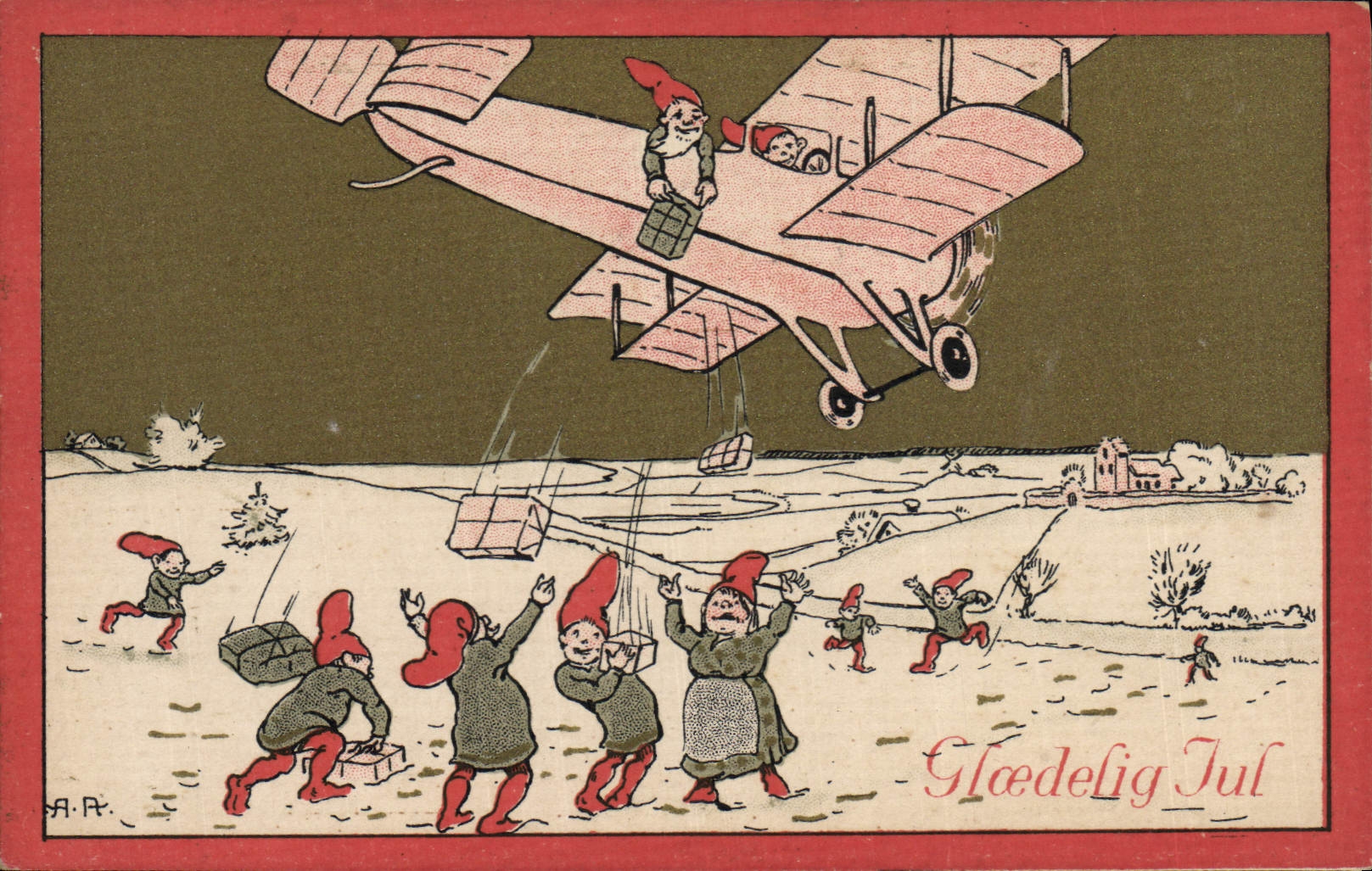 Gnômes distribuant des cadeaux en avion — A.P. — Glædelig Jul