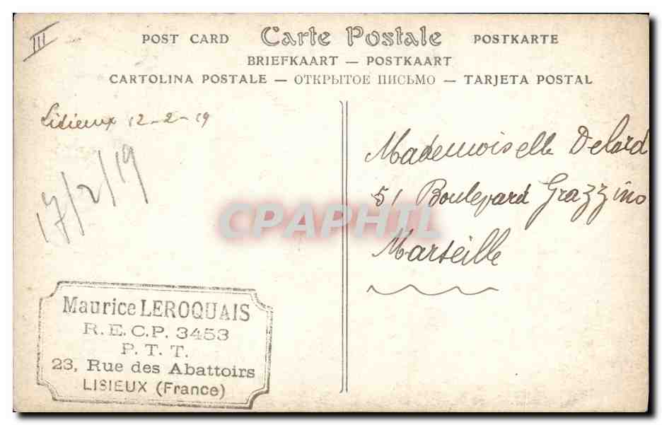 Plafond de l'Hôtel des Postes de Lisieux — Les Heures, d'après les dessins de Robert Salles — Grante, Edit., Lisieux — Verso